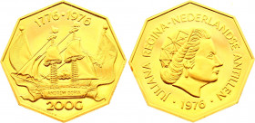 Netherlands Antilles 200 Gulden 1976 FM
KM# 16; Gold (.900) 8,06g.; Juliana; U.S. Bicentennial; Proof