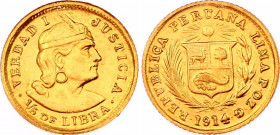 Peru 1/5 Libra 1914 POZG
KM# 210; Gold (.917) 1,50g.; Trade Coinage; UNC