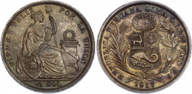 Peru 1/2 Sol 1917 LIMA FG-JR
KM# 203; Silver; UNC with amazing toning