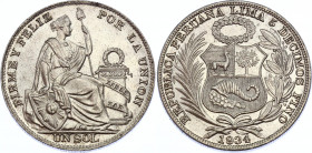 Peru 1 Sol 1934 /3 Overdate
KM# 218.2 (large letters); Silver; UNC with full mint luster