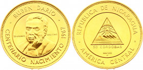 Peru 100 Soles 1962
KM# 25; Gold (.900) 35,21g.; 100th Anniversary - Birth of Ruben Dario; BUNC Prooflike