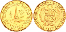 Peru 1/2 Sol 1976
KM# 268; Gold (.900) 9,25g.; 150th Anniversary - Battle of Ayacucho; BUNC