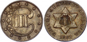 United States 3 Cents 1851
KM# 75; Type 1 - no lines bordering star; Silver; UNC-