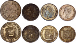 Venezuela Lot of 4 Coins 1876 - 1936
3 x 1/4 Bolivar & 5 Centimos 1876-1925; with Silver