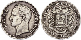 Venezuela 5 Bolivares 1911 Narrow Date
Y# 24.2; Silver; VF+