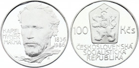Czechoslovakia 100 Korun 1986 Proof
KM# 123; Silver Proof; 150 Years - Death of Karel Hynek Mácha