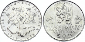Czechoslovakia 500 Korun 1988
KM# 131; Silver; 20 Years - Czech and Slovak Federation; UNC