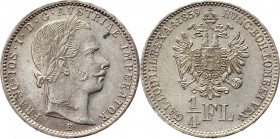 Austria 1/4 Florin 1859 B
KM# 2214; Schön# 123; Silver 5,34g.; Franz Joseph I; Mint: Kremnitz; UNC