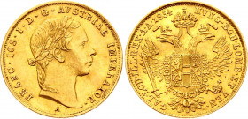 Austria 1 Dukat 1854 A
KM# 2263; Gold (.986) 3.44 g., 19.8 mm; Franz Joseph I; XF+, bent