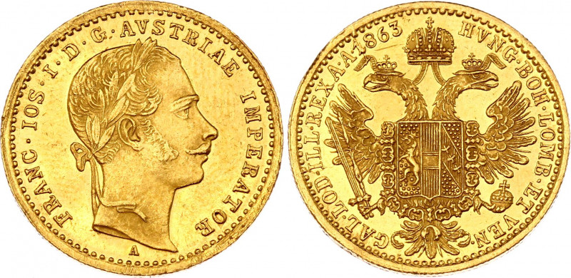 Austria 1 Dukat 1863 A
KM# 2264; Gold (.986) 3.46 g., 21 mm; Franz Joseph I; wi...