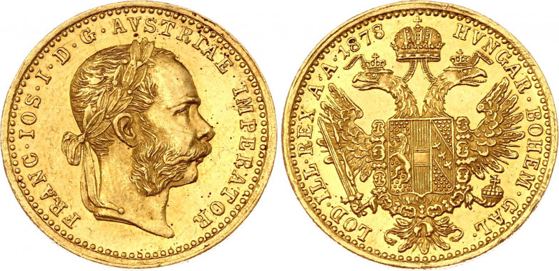Austria 1 Dukat 1878
KM# 2267; Gold (.986) 3.49 g., 20 mm; Franz Joseph I; with...