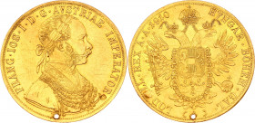 Austria 4 Dukat 1910 With Countermark "Double eagle"
Herinek 67, Friedberg 487, Novotný 117; Gold (.986) 13.74 g., 40 mm.; Franz Joseph I; Holded