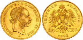 Austria 4 Florin / 10 Francs 1892 Restrike
KM# 2260; Gold (.900) 3,19g.; Franz Joseph I; UNC