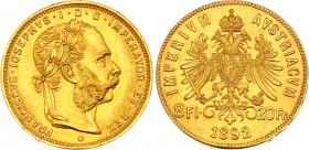 Austria 8 Florin / 20 Francs 1892 Restrike
KM# 2269; Gold (.900) 6,39g.; Franz Joseph I; UNC