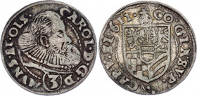 Bohemia Silesia 3 Kreuzer 1611
KM# 5; Silver; Münsterberg-Oels; Karl II