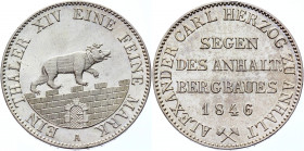 German States Anhalt-Bernburg Taler 1846 A
KM# 84; Dav# 504; AKS# 16; Silver 22.19 g.; Alexander Carl; Mint: Berlin; AUNC-UNC