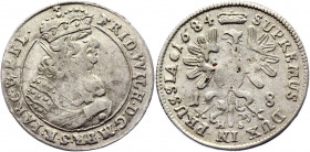 German States Brandenburg 18 Groschen / 1/5 Taler 1684 HS
KM# 468; Schrötter# 1695; Silver 6.15 g.; Friedrich Wilhelm; Mint: Königsberg; XF-AUNC