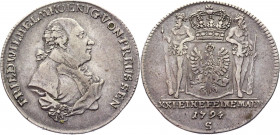 German States Brandenburg-Ansbach-Bayreuth Gulden 1794 S
KM# 7; J. 208b; Olding# 36; Silver 14,64g.; Friedrich Wilhelm II; Mint: Schwabach; XF