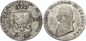 German States Brandenburg-Prussia 4 Groschen 1805 A (1/6 Taler)
Friedrich Wilhelm III., 1797-184. Brandenburg-Preussen 4 Groschen (1/6 Taler) 1805 A....