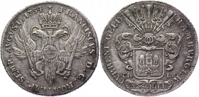 German States Hamburg 32 Schilling / 2 Mark 1754 IHL
KM# 402; Dav# 541; J. 22a; Silver 18.30 g.; Maximilian IV Josef; VF-XF