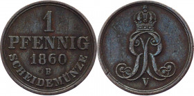 German States Hannover Pfennig 1860 B
KM# 233; AKS# 156; J. 90; Copper 1,95g.; Georg V; XF-AUNC
