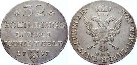 German States Lubeck 32 Schilling / Gulden 1797 HDF
KM# 199; J. 31; Schön# 42; B# 303; Silver 18.34 g.; Franz II; XF-AUNC