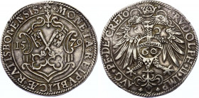 German States Regensburg - Reichsstadt Guldentaler 1579
Dav# 113; Beckenbauer# 4107; Silver 24,54g.; As: Crossed town keys in Renaissance sign; Rs: T...