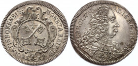 German States Regensburg - Reichsstadt 1/4 Taler 1711 - 1740 Rare
Beckenbauer# 6334; Silver 7,03g.; As: Crossed town keys in round coat of arms with ...