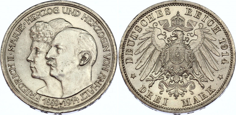 Germany - Empire Anhalt 3 Mark 1914 A
KM# 30; Silver; 25th Anniversary of the W...
