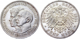 Germany - Empire Anhalt-Dessau 5 Mark 1914 A
KM# 31; J. 25; Silver 27.78 g.; Silver Wedding Anniversary; Friedrich II; Mint: Berlin; Mintage 1,000; P...