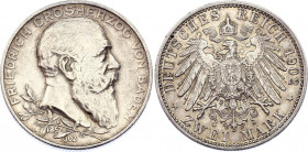 Germany - Empire Baden 2 Mark 1902
KM# 271; Silver; 50th Anniversary of the Reign of Duke Friedrich I; XF
