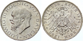 Germany - Empire Bavaria 3 Mark 1914 D
KM# 1005; J. 52; Silver 16.62 g.; Ludwig III; Mint: Münich; AUNC
