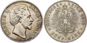 Germany - Empire Bavaria 5 Mark 1876 D
KM# 896; Silver; Ludwig II; XF