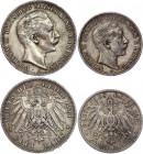 Germany - Empire Prussia 2 & 3 Mark 1907 - 1911 A
KM# 522, 527; Silver; Wilhelm II
