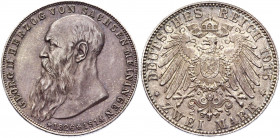 Germany - Empire Saxe-Meiningen 2 Mark 1915 
KM# 206; J. 154; Silver 11.10 g.; Death of Georg II; Bernhard III; UNC Toned