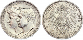 Germany - Empire Saxe-Weimar-Eisenach 3 Mark 1910 A
KM# 221; Silver; Wilhelm Ernst; Grand Duke's second marriage