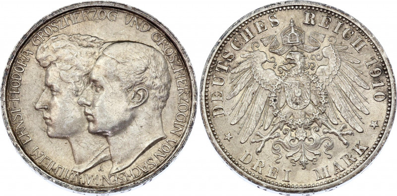 Germany - Empire Saxe-Weimar-Eisenach 3 Mark 1910 A
KM# 530; Silver; Wilhelm II...