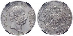 Germany - Empire Saxony-Albertine 5 Mark 1904 E RNGA MS61
KM# 1262; Silver; Death of Georg; Friedrich August III; UNC