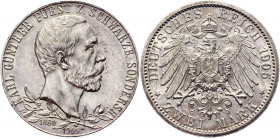 Germany - Empire Schwarzburg-Sondershausen 2 Mark 1905 Thin Rim
KM# 153; J. 169a; Silver 11.11 g.; 25th Anniversary of Reign; Karl Günther; UNC Luste...