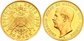 Germany - Empire Waldeck Pyrmont 20 Mark 1903 A
KM# 195; J. 288; Friedrich; Gold, UNC. Extremely Rare coin in excellent condition.