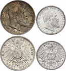 Germany - Empire Wurttemberg 2 & 3 Mark 1903 - 1912 F
KM# 631, 635; Silver; Wilhelm II