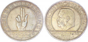 Germany - Weimar Republic 3 Reichsmark 1929 E
KM# 63; Silver; 10th Anniversary of the Weimar Constitution; AUNC