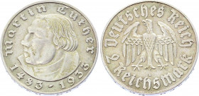 Germany - Third Reich 2 Reichsmark 1933 A
KM# 79; Silver; 450th Anniversary of Martin Luther's Birth; XF