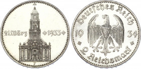 Germany - Third Reich 2 Reichsmark 1934 F
KM# 81; Silver; 1st Anniversary of Nazi Rule - Potsdam Garrison Church; UNC exceptional quality with full m...