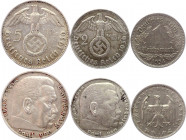 Germany - Third Reich 1 - 2 - 5 Reichsmark 1934 - 1936 D & J
KM# 78, 93; 94; with Silver