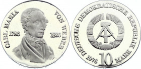 Germany - DDR 10 Mark 1976 A
KM# 62; Silver, Proof; Mintage 6037 pcs; Carl Maria von Weber