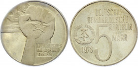 Germany - DDR 5 Mark 1978 A Proof
KM# 68; J. 1569; Proof; Mintage 5500 pcs; International Year of Anti-Apartheid