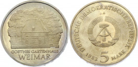 Germany - DDR 5 Mark 1982 Proof
KM# 85; J. 1585; Proof; Mintage 5500 pcs; 150th Anniversary of the death of Johann Wolfgang von Goethe