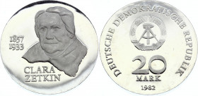 Germany - DDR 20 Mark 1982 A
KM# 88; Silver, Proof; Mintage 5500 pcs; 125th Anniversary of Birth of C. Zetkin
