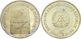 Germany - DDR 5 Mark 1983 A Proof
KM# 90; J. 1590; Proof; Mintage 5500 pcs; 500th Anniversary of Martin Luther's birth in his birthplace